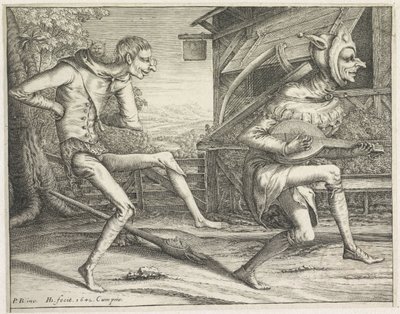 Twee dansende zotten (Zotten) door Hendrick Hondius (I)