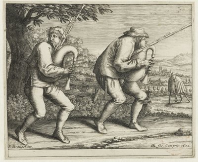 Twee doedelzakspelers (Pelgrimage naar Molenbeek) door Hendrick Hondius (I)