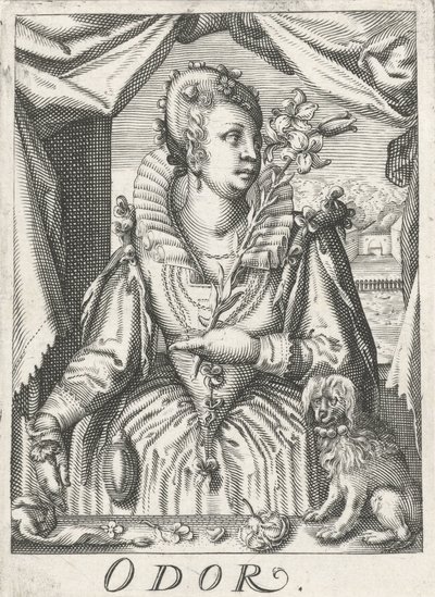 Reuk, een vrouw met een bloemtak door Hendrick Hondius (rejected attribution)