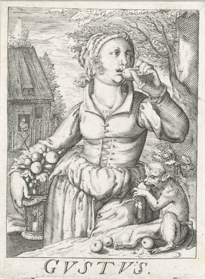 Smaak, een vrouw met vruchten door Hendrick Hondius (rejected attribution)