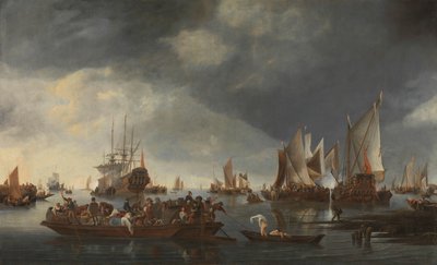 Haven met zeilboten en veerboot door Hendrick Jacobsz. Dubbels