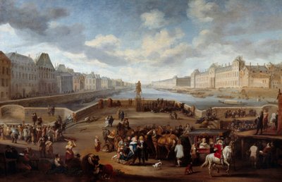 Uitzicht op Parijs met het Louvre, genomen vanaf de Henri IV-brug door Hendrick Mommers