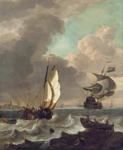 Schepen in een stevige bries voor Dordrecht door Hendrick Rietschoof