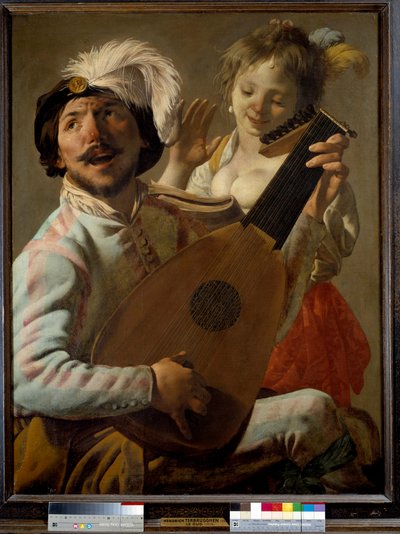 Het duo Een zanger die luit speelt met een danser. Schilderij door Hendrick ter Brugghen door Hendrick ter Brugghen