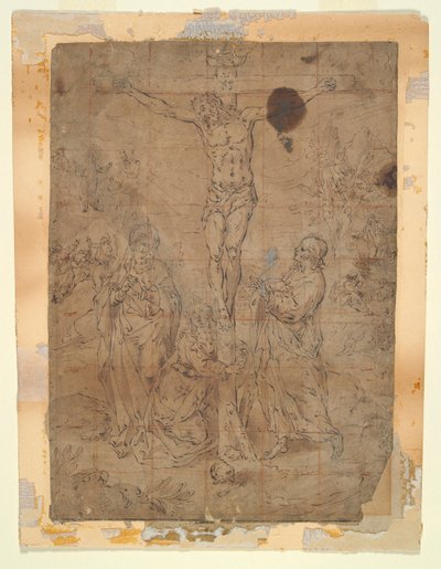 Christus aan het kruis tussen de Maagd en Sint-Jan met scènes van de Passie op de achtergrond door Hendrick de Clerck