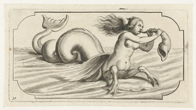 Een vrouwenfiguur blaast op een schelp (Nouveau Livre des Dieux et Deeßes De la Marine Bouckje van Zeegoden en Godinnen) door Hendrick de Keyser (I)