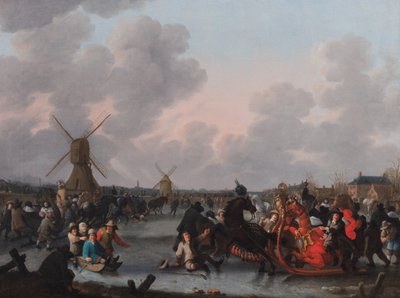 Een winterlandschap met talrijke door paarden getrokken sleeën op het ijs door Hendrick de Meijer