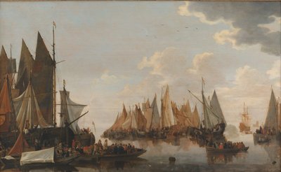 Inscheping van troepen op een Nederlandse rivier door Hendrick de Meijer