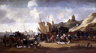 Een scène aan de kust bij Scheveningen door Hendrick de Meyer