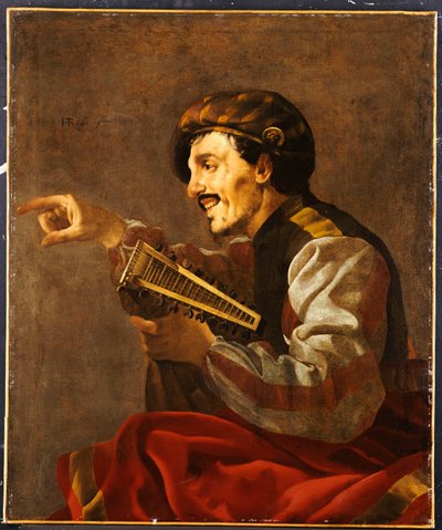 Een Zittende Luitspeler die Wijst door Hendrick ter Brugghen