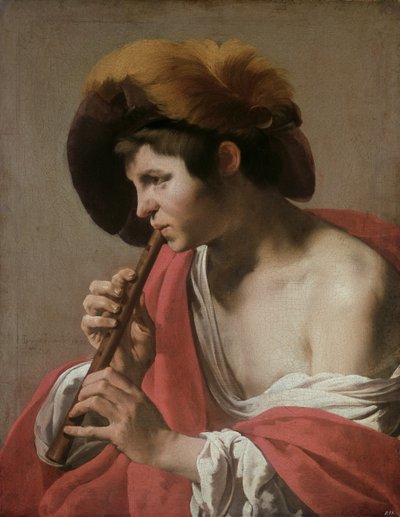 Knaap die een blokfluit speelt door Hendrick ter Brugghen