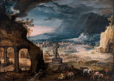 Landschap met een standbeeld van Saturnus/Allegorie van het voorbijgaan van de tijd door Hendrick van Cleve