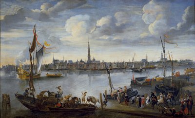Uitzicht op de wegen van Antwerpen vanaf de westelijke oever door Hendrick van Minderhout