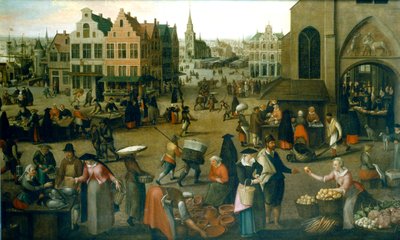 Gezicht op een marktplein door Hendrick van Steenwijck the Elder