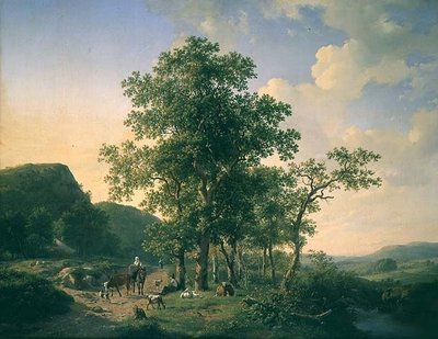 Boslandschap met boeren en dieren door Hendrick van de Sande Bakhuyzen