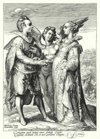 Huwelijk uit liefde voltrokken door Cupido door Hendrik (after) Goltzius