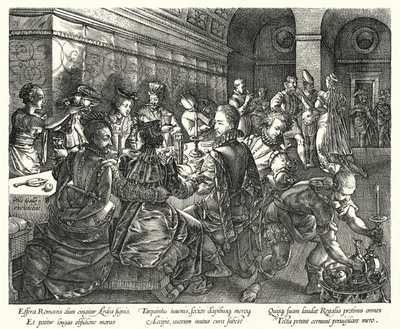 Het Banket in het Huis van Tarquinius door Hendrik (after) Goltzius