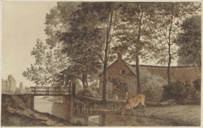 Boerderij met drinkende koe aan de Biltstraat te Utrecht door Hendrik Abraham Klinkhamer