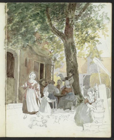 Dorpsstraat met een waterput en figuren door Hendrik Abraham Klinkhamer