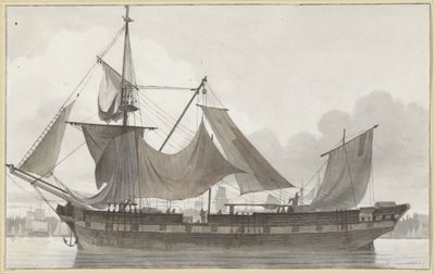 Driemaster onder noodtuig, een haven binnenlopend met zwakke wind door Hendrik Abraham Klinkhamer