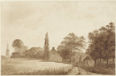 Gezicht op enkele huizen en een kerktoren bij Hilversum door Hendrik Abraham Klinkhamer
