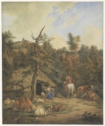 Herder, herderin en vee rustend voor een vervallen stal door Hendrik Abraham Klinkhamer