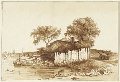 Huisje met omheind erf aan het water door Hendrik Abraham Klinkhamer