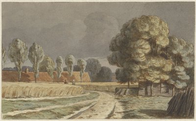 Korenveld tussen huizen onder een dreigende onweerslucht te Hilversum door Hendrik Abraham Klinkhamer