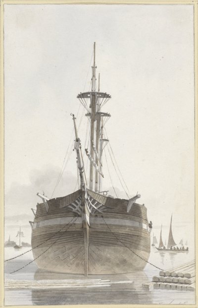 Zeilschip van voren gezien in een houthaven door Hendrik Abraham Klinkhamer