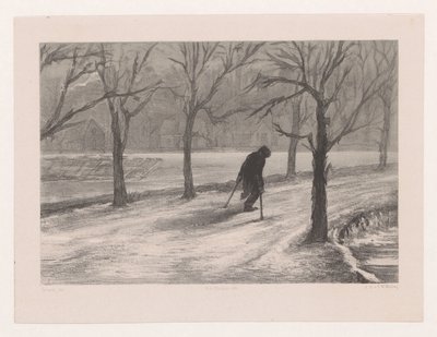 Man op krukken in een winterlandschap door Hendrik Adriaan Christiaan Dekker