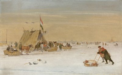 Een Winterlandschap met Figuren op het IJs bij een koek-en-zopie tent door Hendrik Avercamp