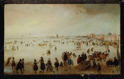 Schaatsers, golfspelers, elegante dames en heren op bevroren wateren bij de Broederpoort in Kampen door Hendrik Avercamp