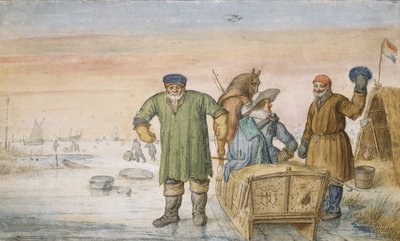 Twee Oude Mannen naast een Slee met de Wapenschilden van Amsterdam en Utrecht, 1620-33 door Hendrik Avercamp