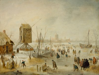Winterlandschap met schaatsers op een rivier bij een windmolen door Hendrik Avercamp