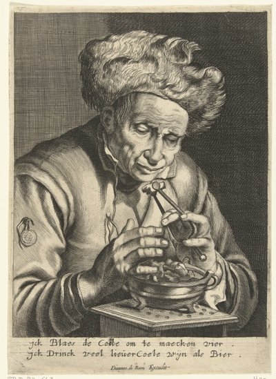 Oude man die een kooltje aanblaast door Hendrik Bary