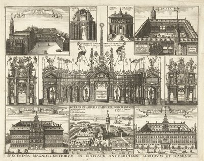 Blad met tien voorstellingen van de intocht van de Kardinaal Infant Ferdinand te Antwerpen, 1635 door Hendrik Causé