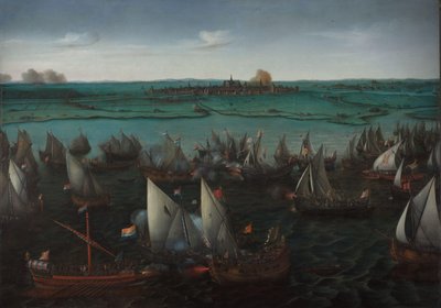 Gevecht tussen Hollandse en Spaanse schepen op het Haarlemmermeer door Hendrick Cornelisz. Vroom