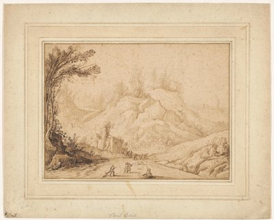 Berglandschap met Figuren op een Weg bij een Herberg door Hendrick Cornelisz. Vroom