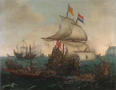 Nederlandse schepen rammen Spaanse galeien voor de Engelse kust, 3 oktober 1602 door Hendrick Cornelisz. Vroom