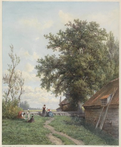 Boerenerf met enige figuren, rechts een schuur en grote boom door Hendrik Dirk Kruseman van Elten