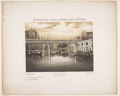 Gezicht op de Korenbeurs in Rotterdam met toekomstvisie van een spoorlijn door Hendrik Frederik Sartor
