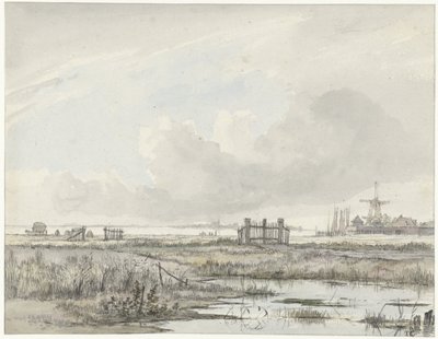Moerassig landschap buiten een stad door Hendrik Gerrit ten Cate