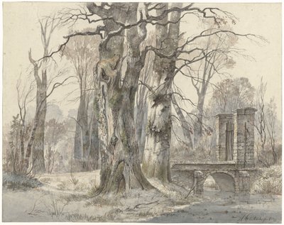 Winterlandschap met poort tussen bomen door Hendrik Gerrit ten Cate