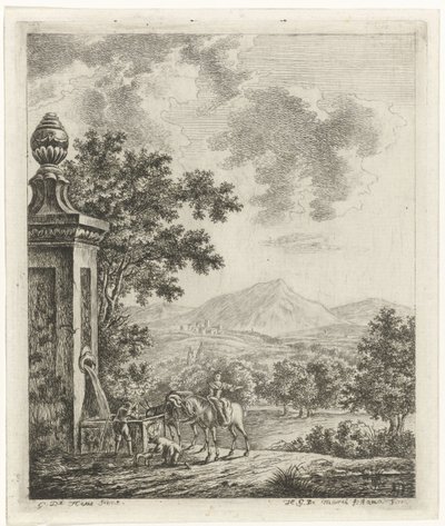 Landschap met figuren bij een bron door Hendrik Godart de Marée