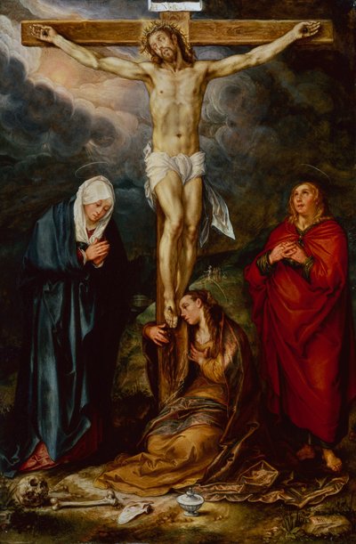 Christus aan het kruis, met Maria, St. Johannes en de Magdalena door Hendrik Goltzius