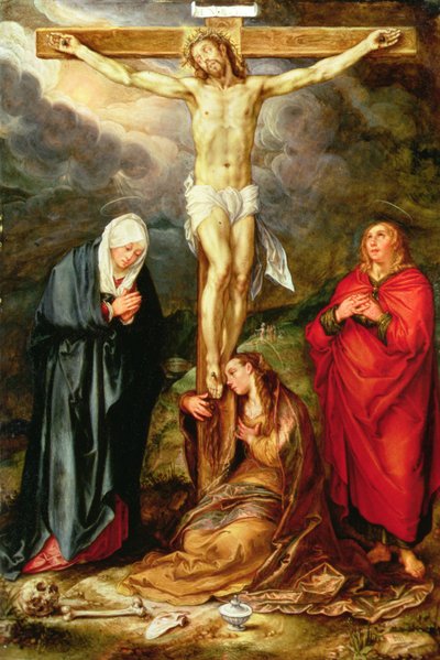 Christus aan het kruis, met Maria, St. Johannes en de Magdalena, c.1600 door Hendrik Goltzius