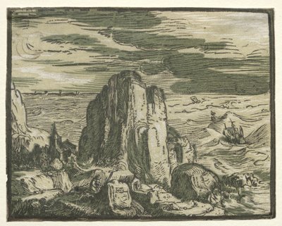Van een set van 4 landschappen: Klif aan de kust door Hendrik Goltzius