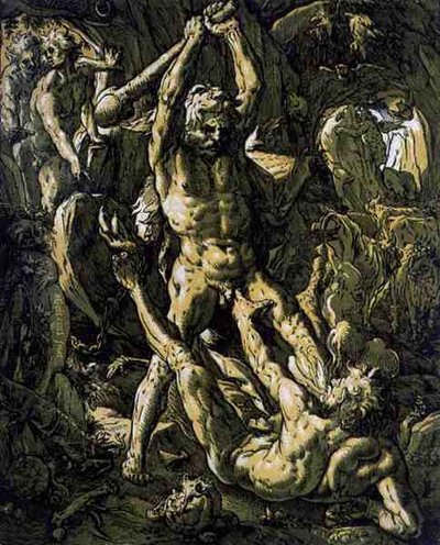 Hercules doodt Cacus door Hendrik Goltzius
