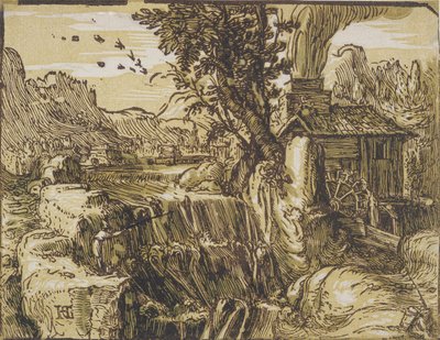 Landschap met waterval door Hendrik Goltzius