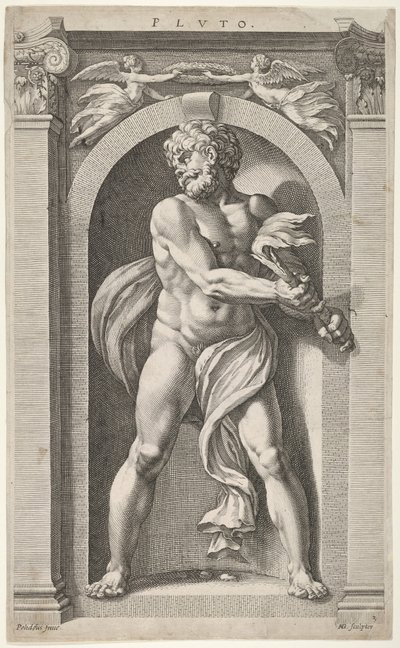Pluto, op de keerzijde schetsen van een figuur, vier hoofden en een kolom door Hendrik Goltzius